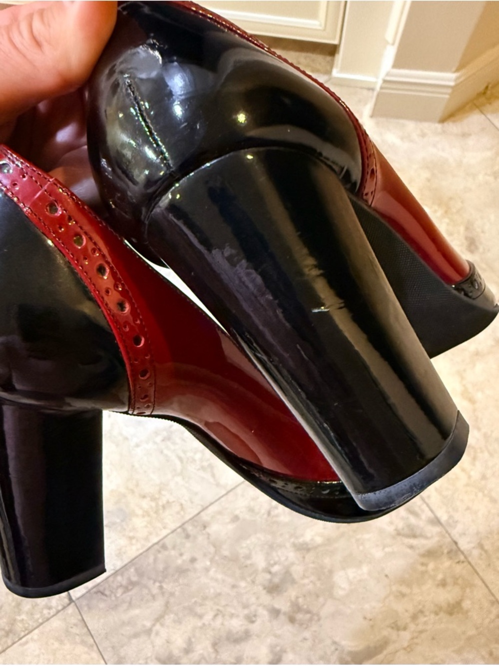 Ann Taylor Women's Two-Tone Black and Red Leather Block Heel Pumps - Picture 6 of 8